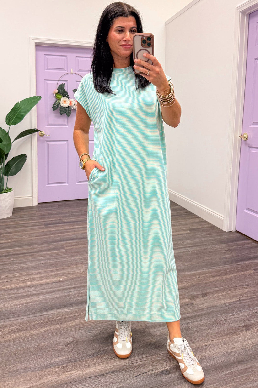 seafoam green and cream horizontal striped short sleeve knit midi dress