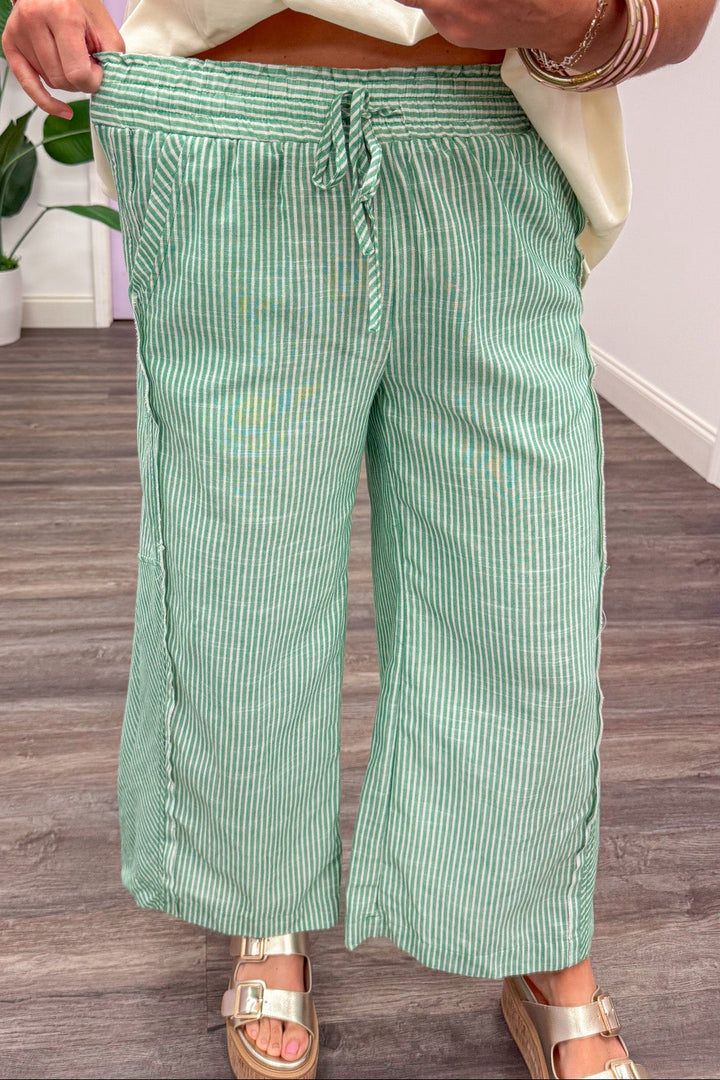green and cream striped elastic waistband wide leg cropped linen pants