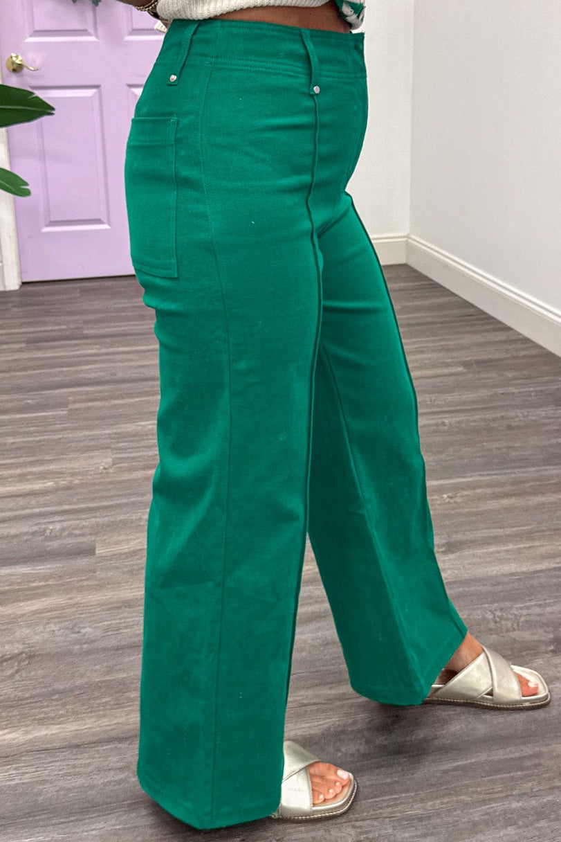 green high rise wide leg denim pants with pintuck seam details and belt loops