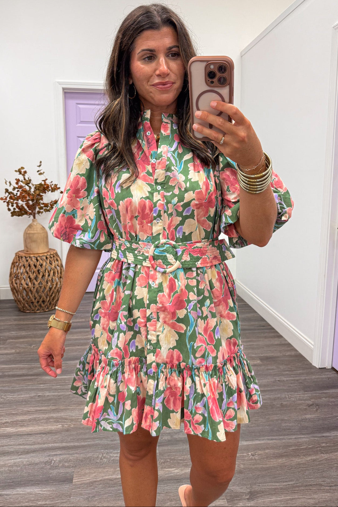 green pink and yellow floral print puff sleeve button front belted gathered waist short dress