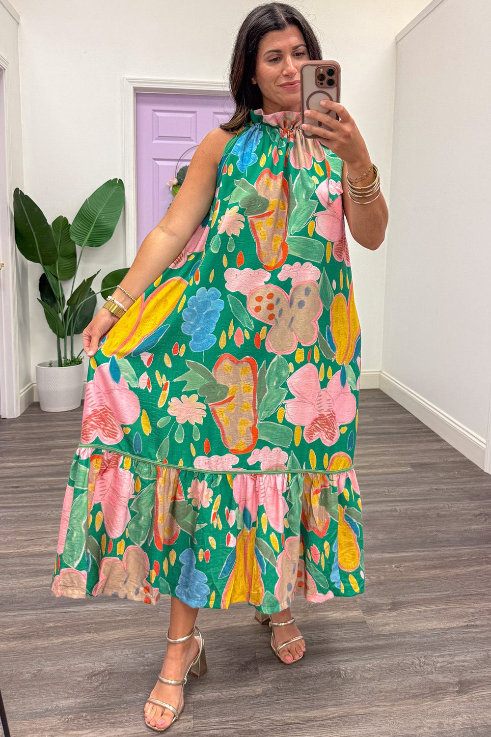 green with large multicolor floral print flowy silhouette halter midi dress