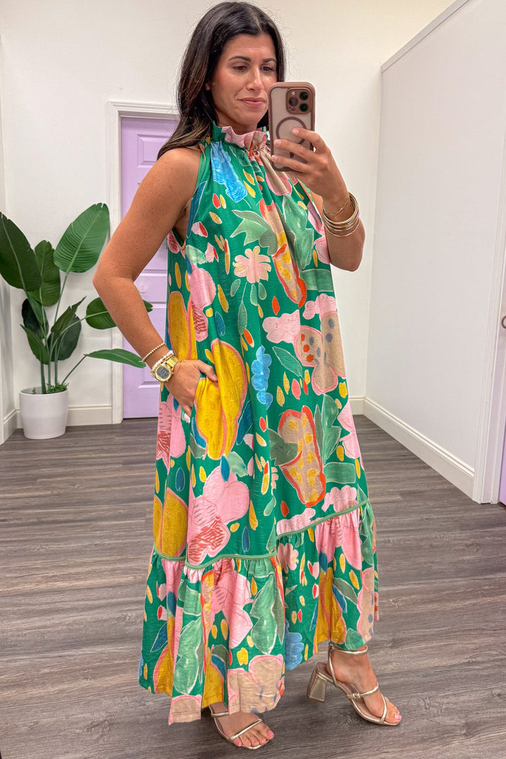 green with multicolor floral print sleeveless halter midi dress with side pockets