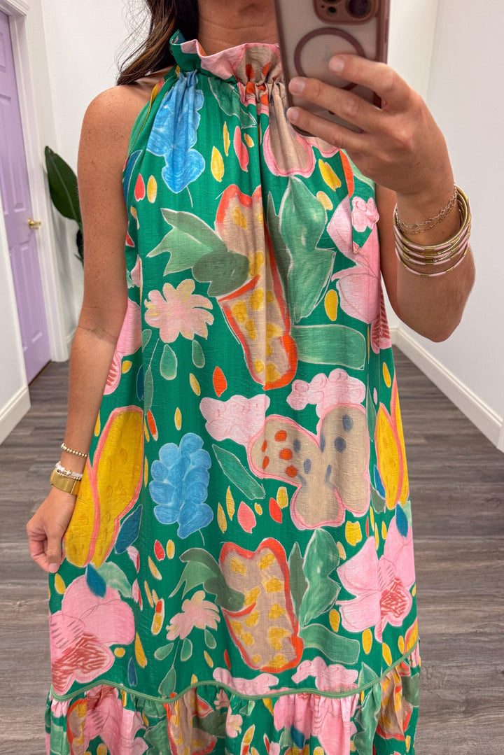 green with large multicolor floral print ruffle mock neckline halter midi dress