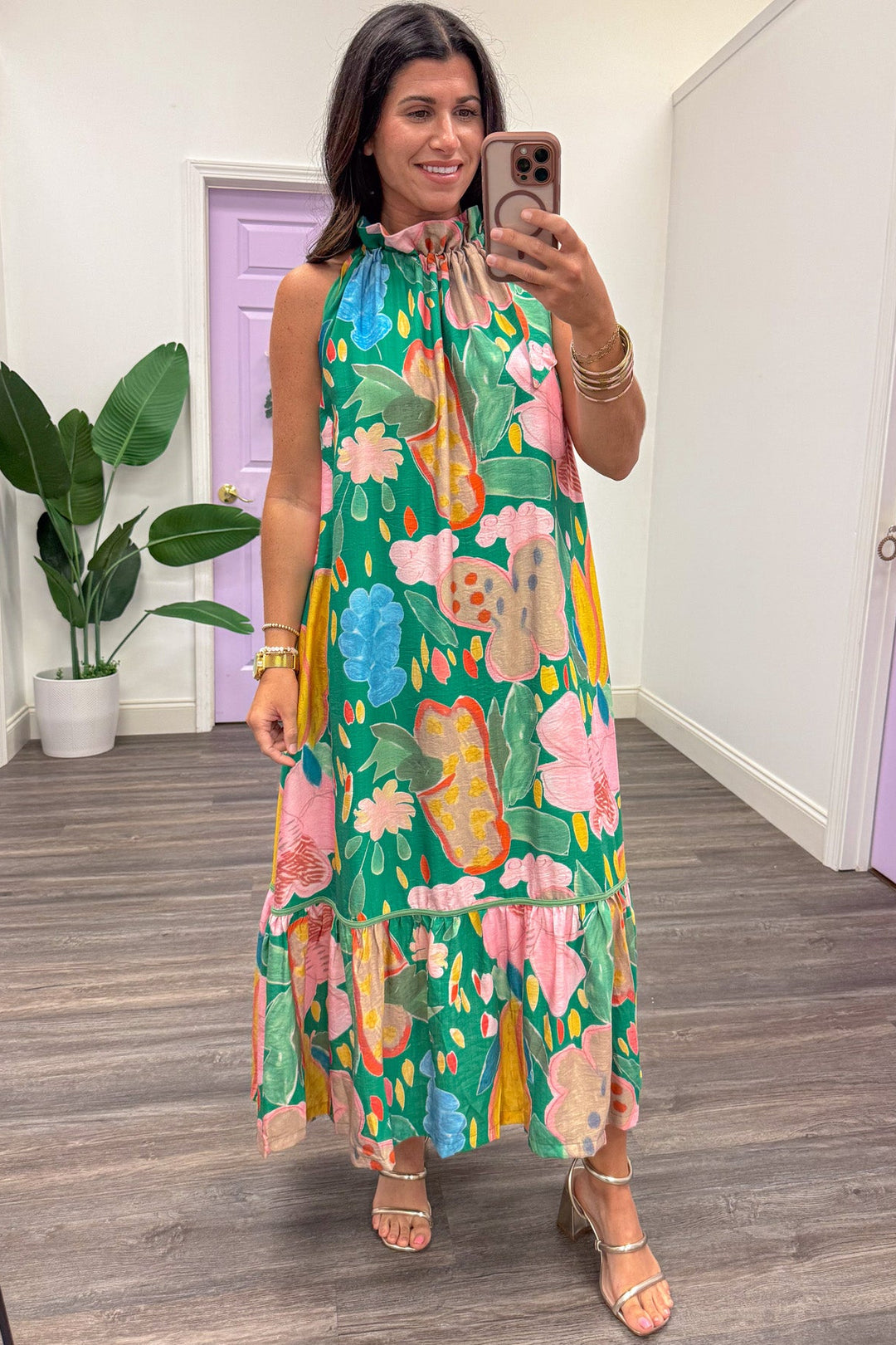 green with large multicolor floral print sleeveless halter midi dress