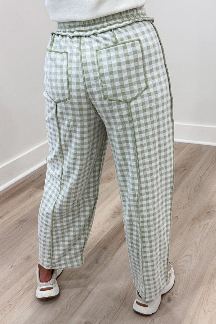 sage green and ivory gingham checkered print barrel leg soft knit pants with back pockets