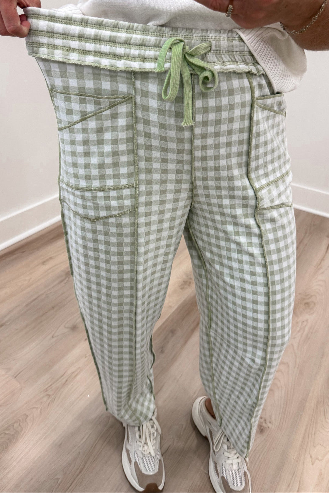sage green and ivory gingham checkered print drawstring elastic waist barrel leg soft knit pants