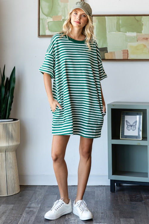 Full front view Veveret Women's green and ivory striped french terry knit summer t shirt dress.