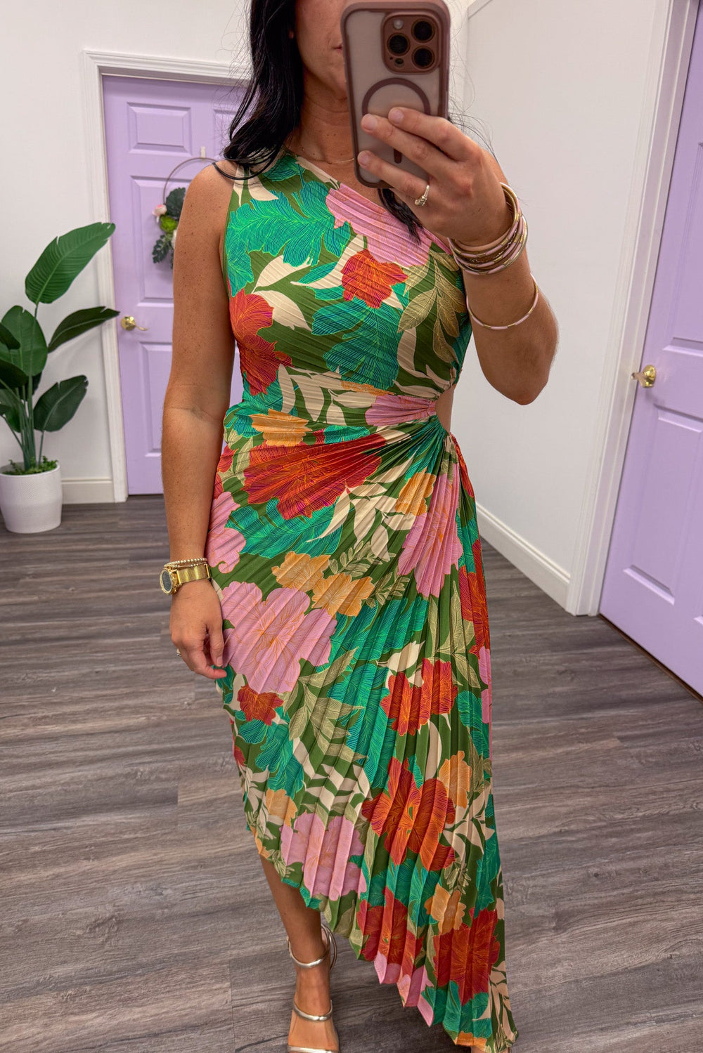 green multicolor floral pleated one shoulder asymmetrical neckline satin maxi dress