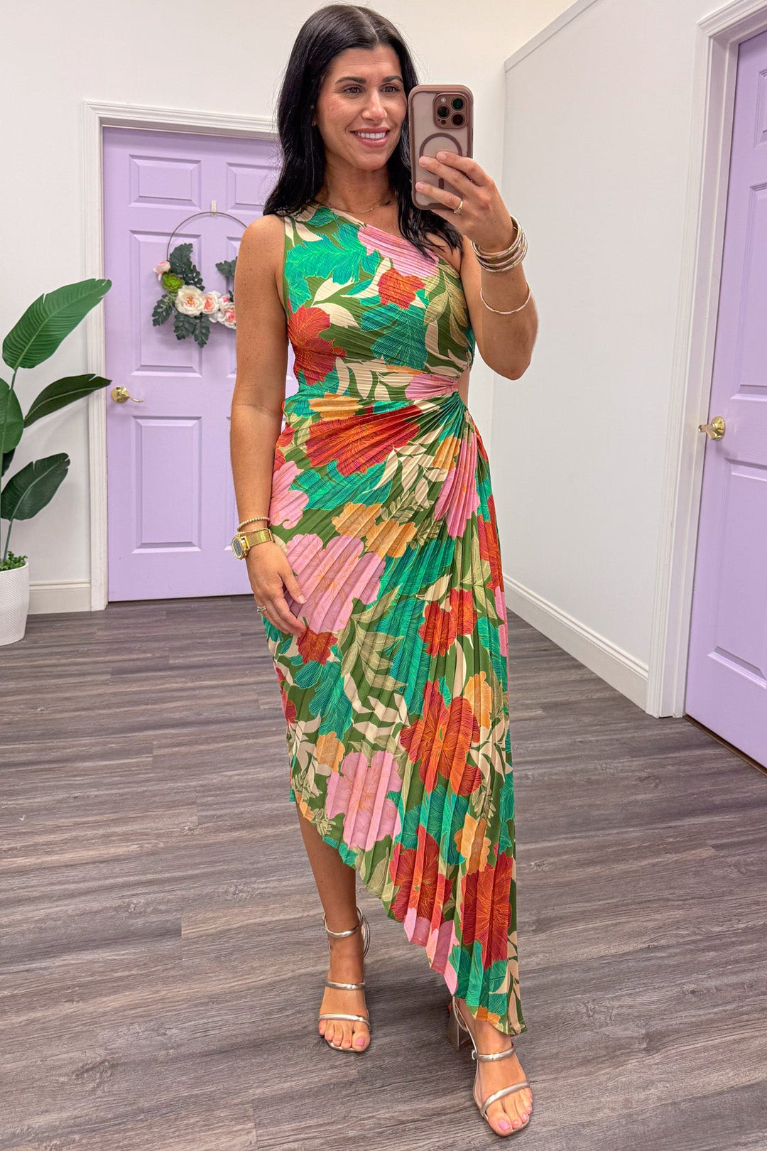 green multicolor floral pleated one shoulder satin maxi dress