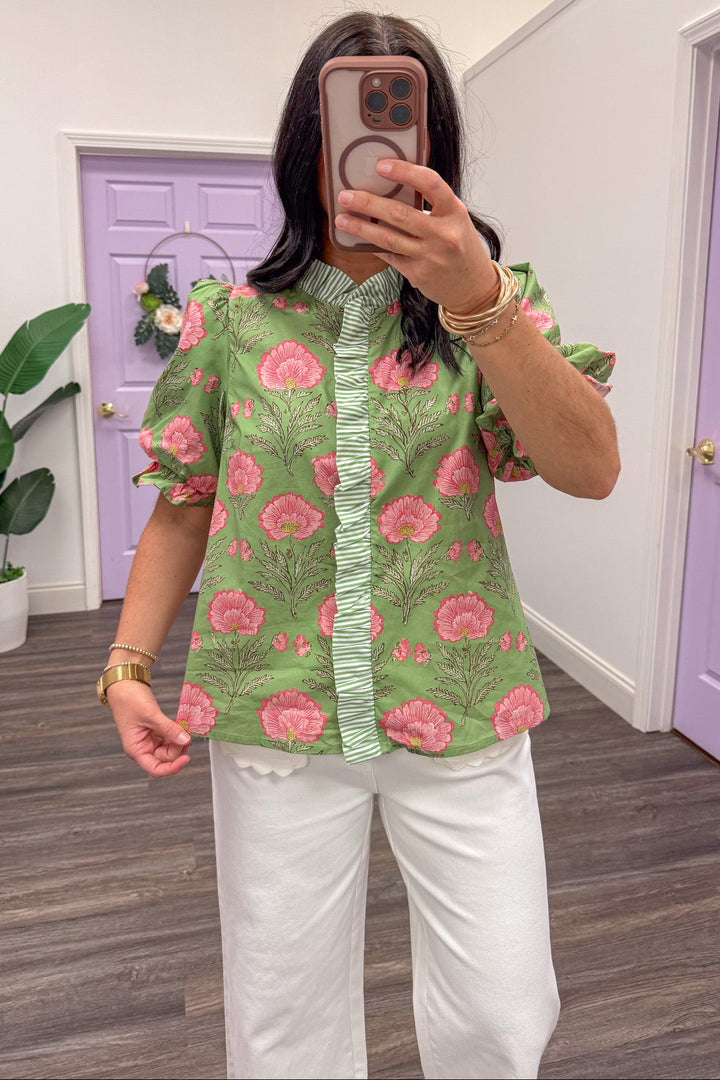 matcha green pink floral ruffle detail  top