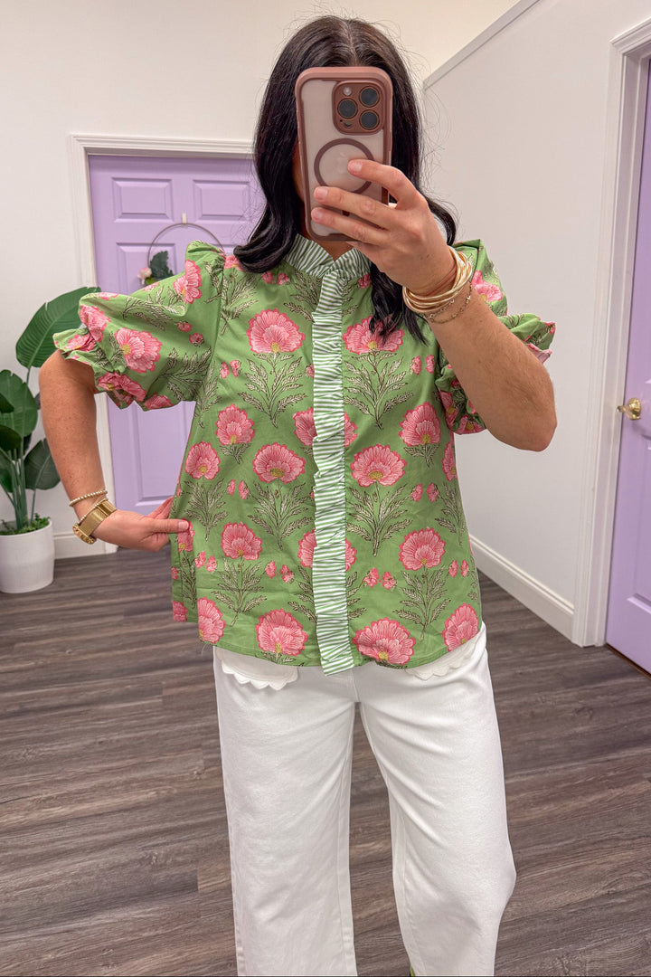 matcha green pink floral ruffle detail puff sleeve top up close