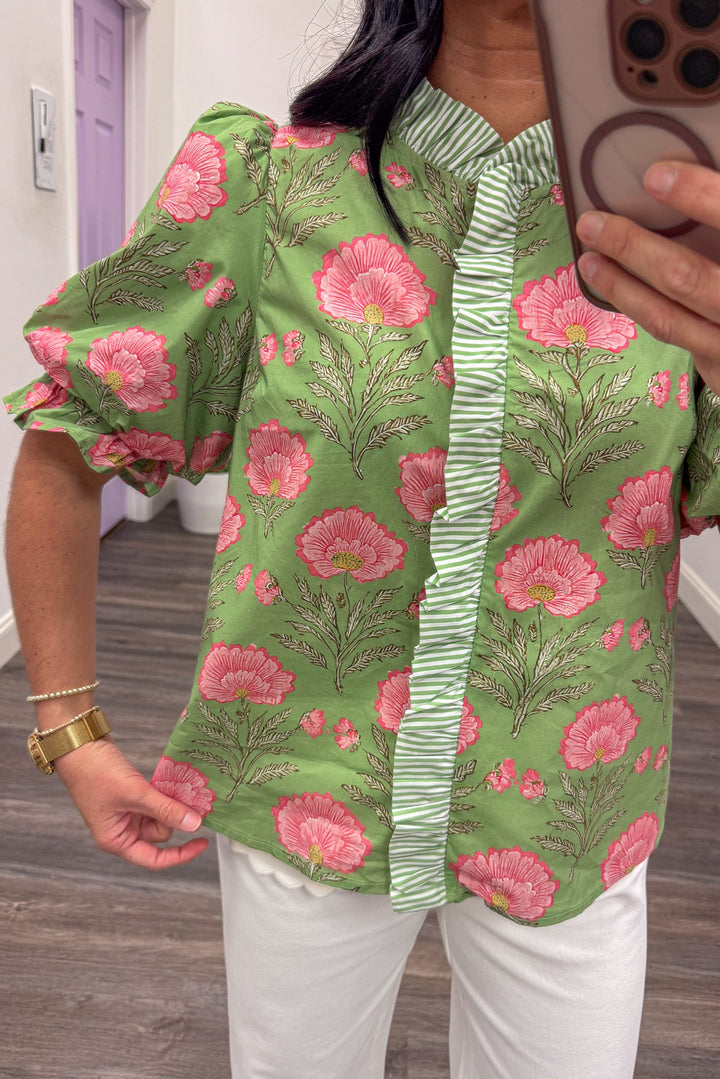 matcha green pink floral ruffle stripe collar top