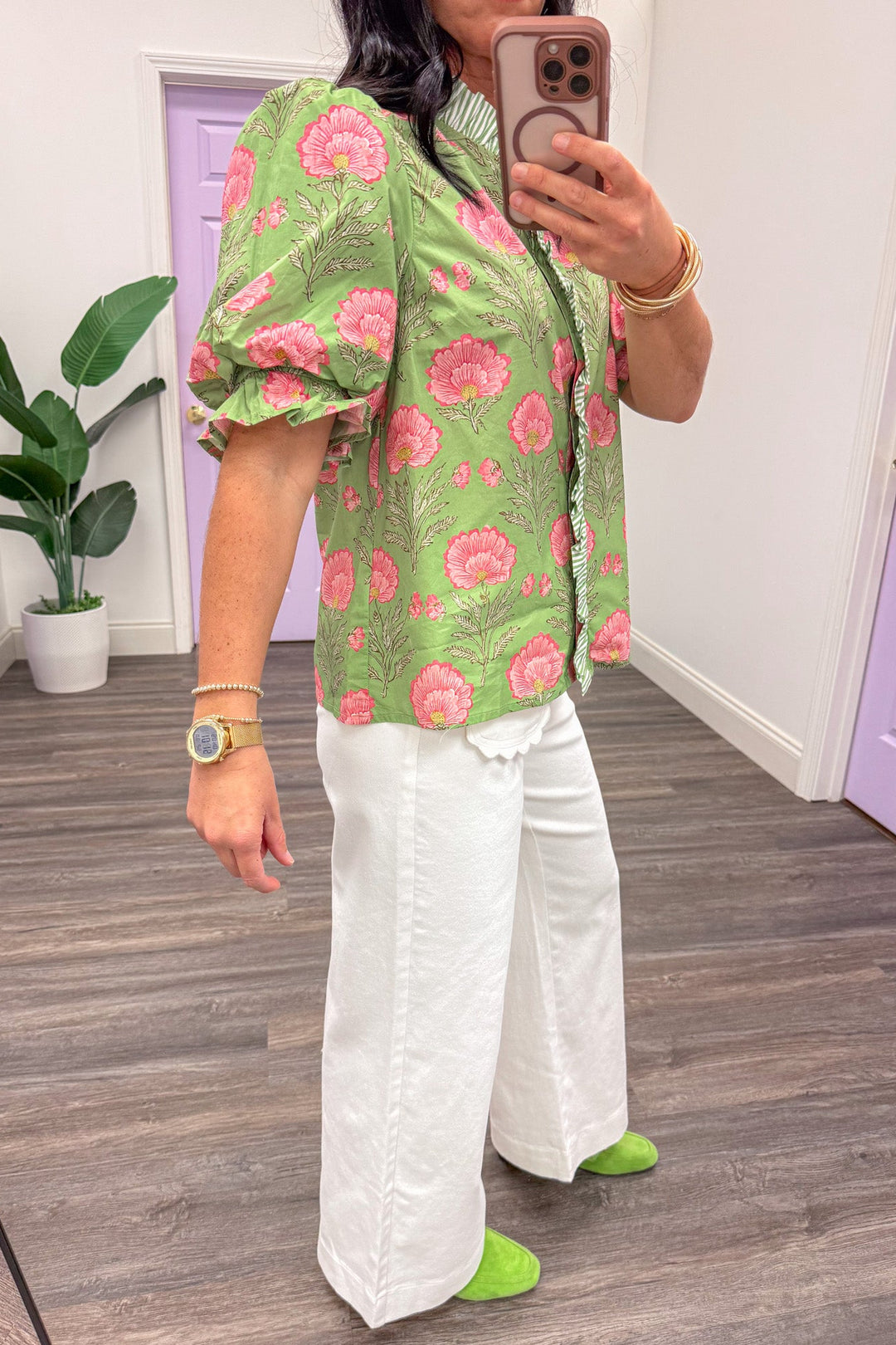 matcha green pink floral ruffle detail puff sleeve poplin top