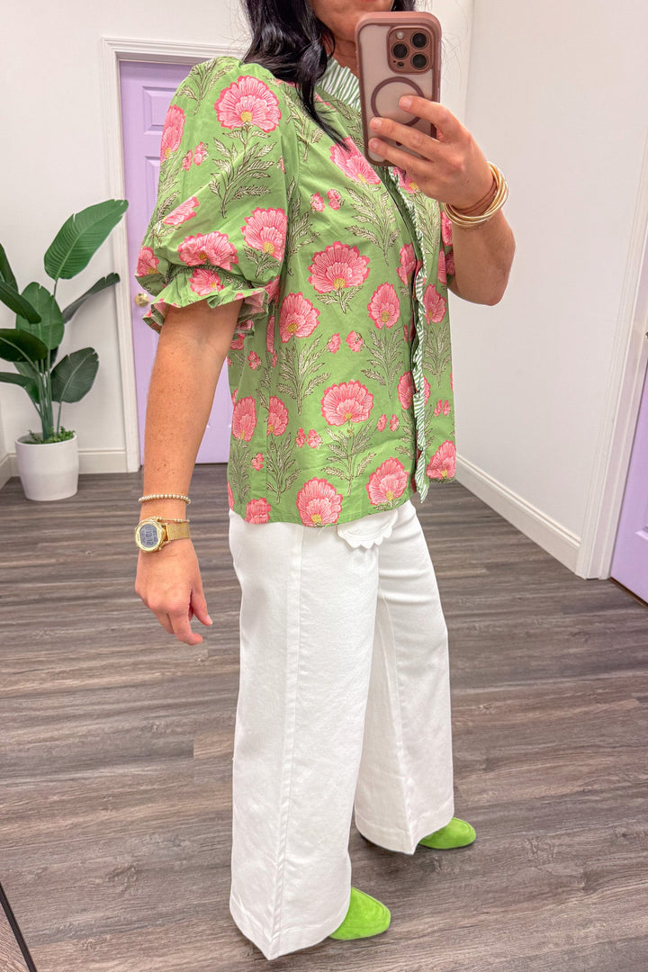 matcha green pink floral ruffle detail puff sleeve poplin top