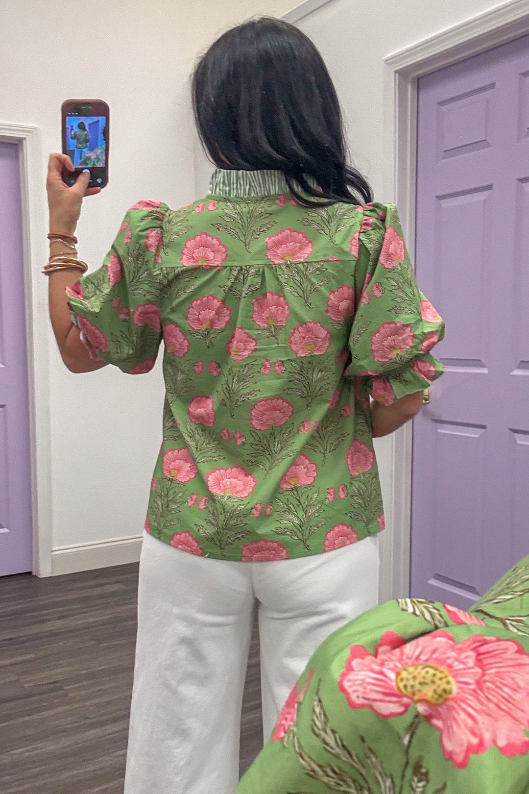 matcha green pink floral ruffle detail puff sleeve top back view