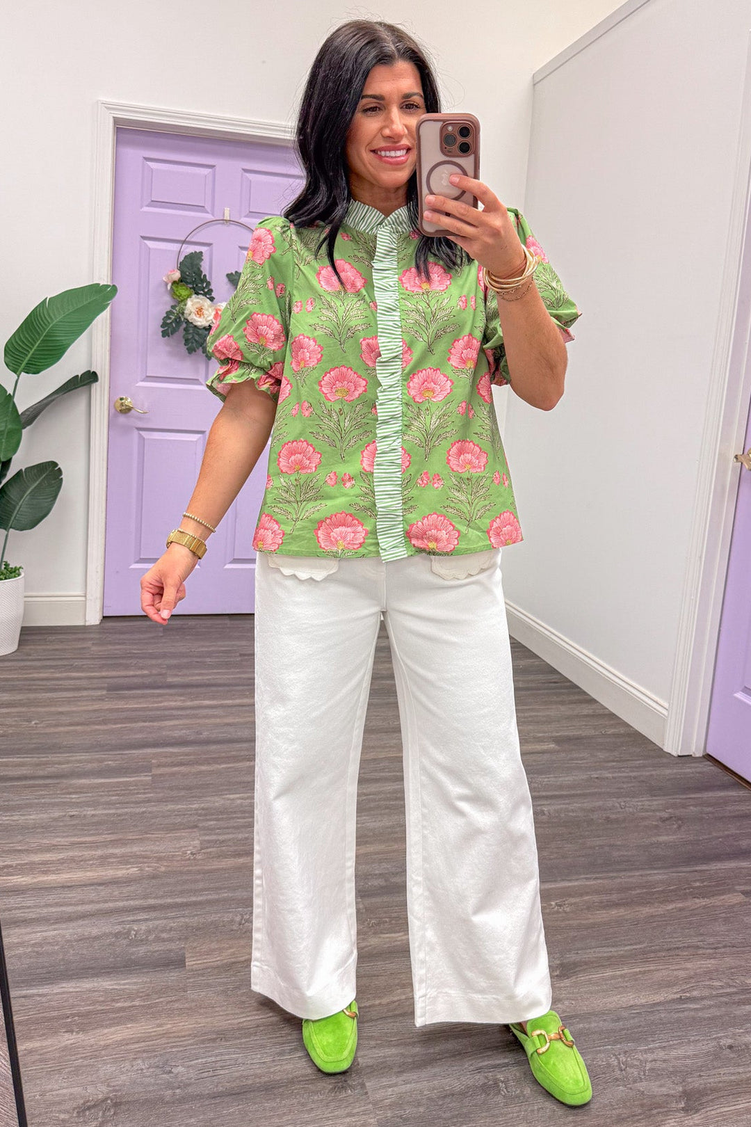 matcha green pink floral ruffle detail puff sleeve top