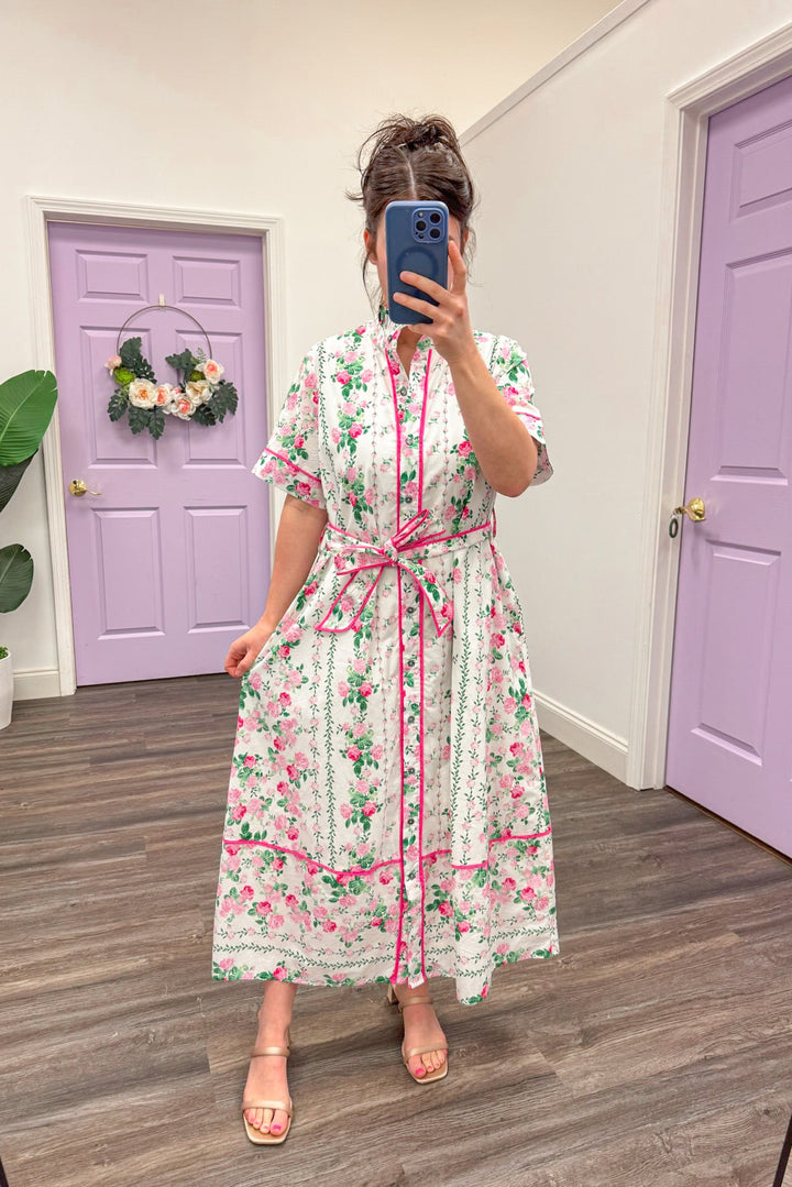 poplin cotton white midi dress with hot pink and green floral print