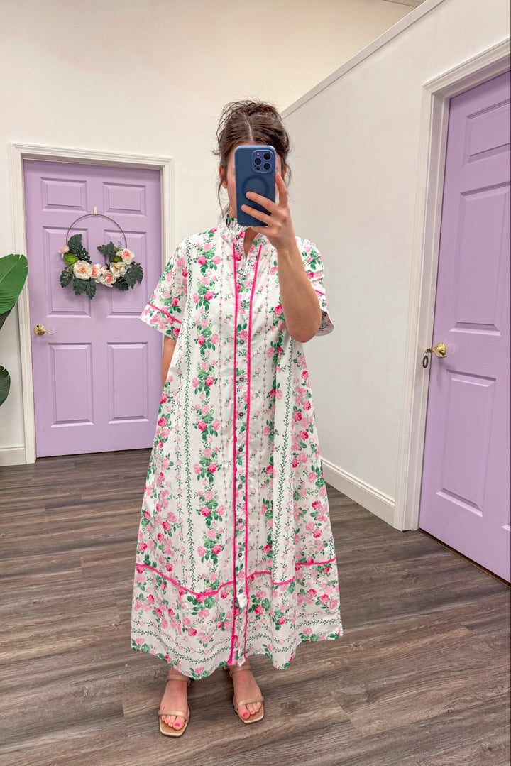 poplin cotton midi dress with hot pink and green floral print