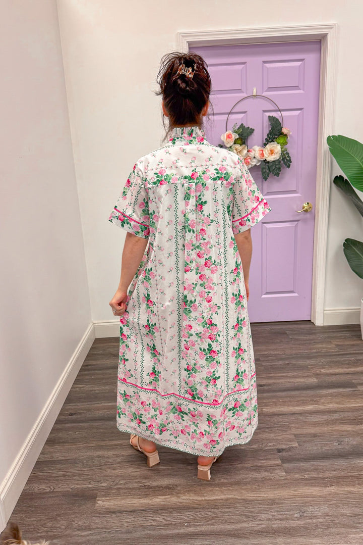 poplin cotton white midi dress with hot pink and green floral print back