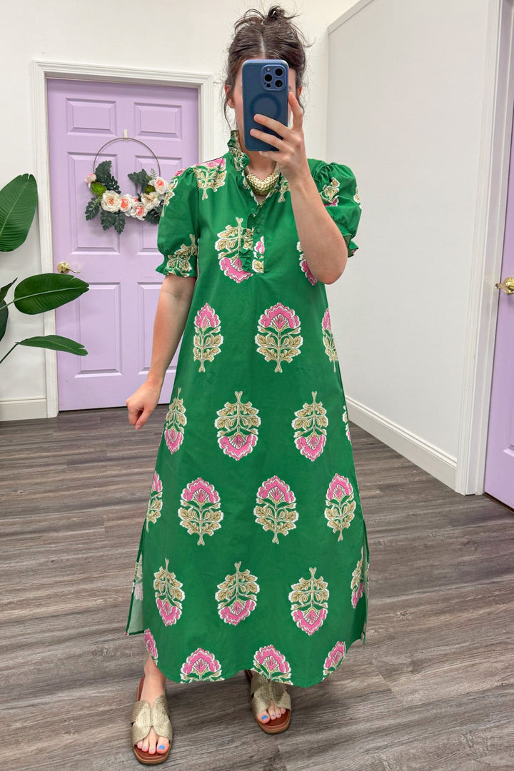 green olive and pink large floral print poplin midi dress