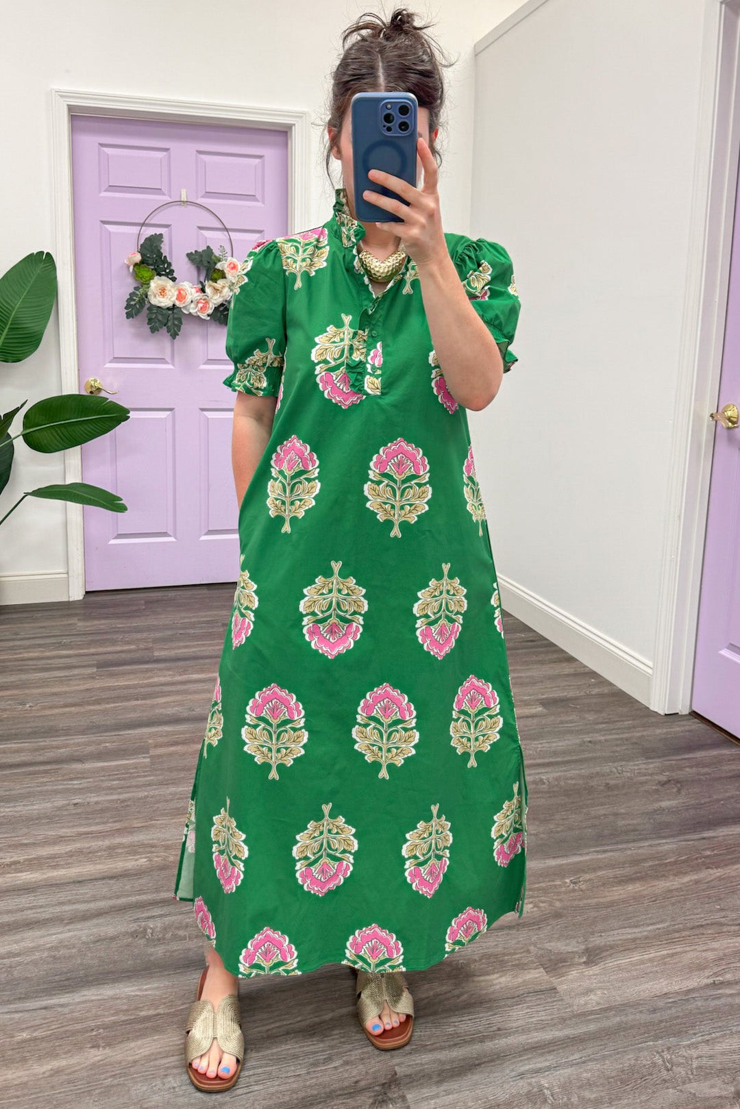 green olive and pink large floral print poplin midi dress with side pockets
