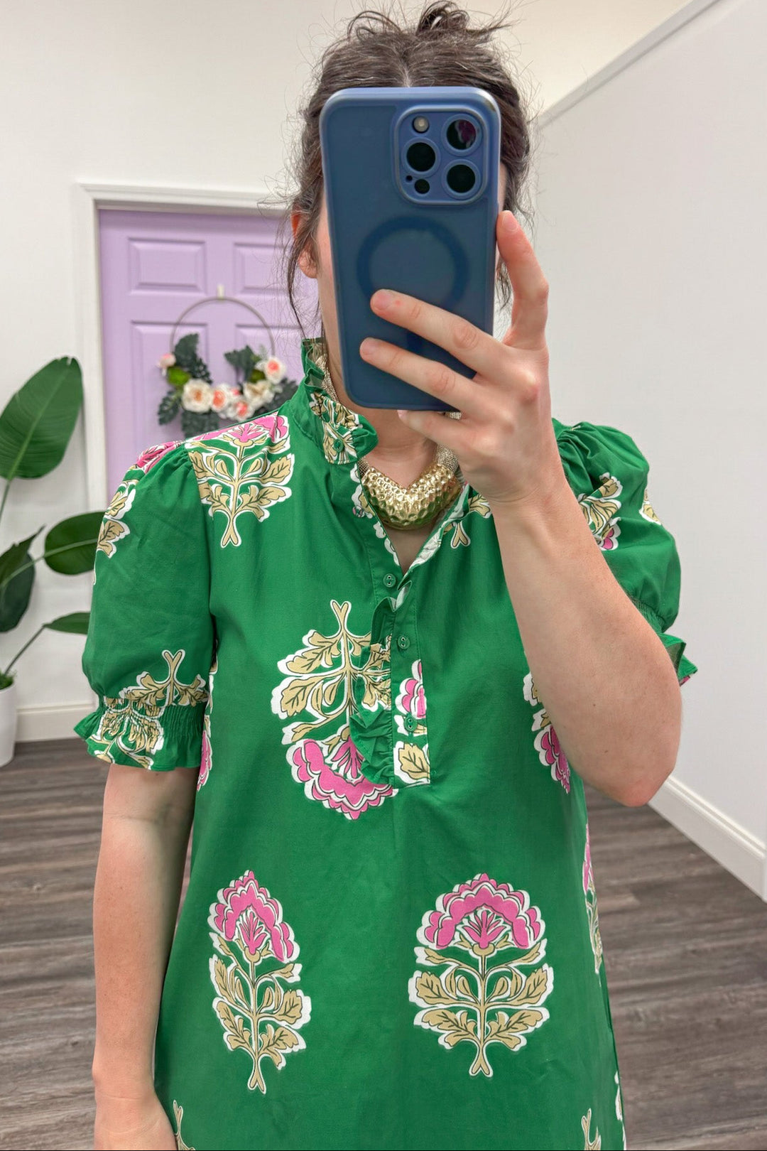 green and pink floral print midi dress with ruffle trimmed button bodice