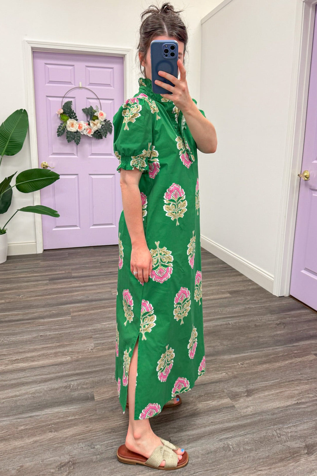 green and pink floral print poplin midi dress with side slits at bottom hem