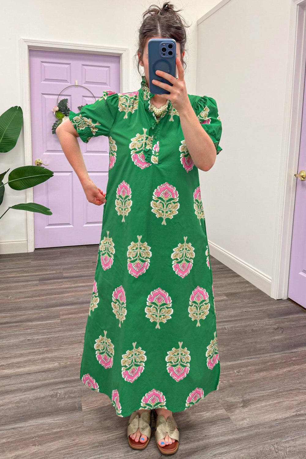 green olive and pink large floral print relaxed silhouette poplin midi dress