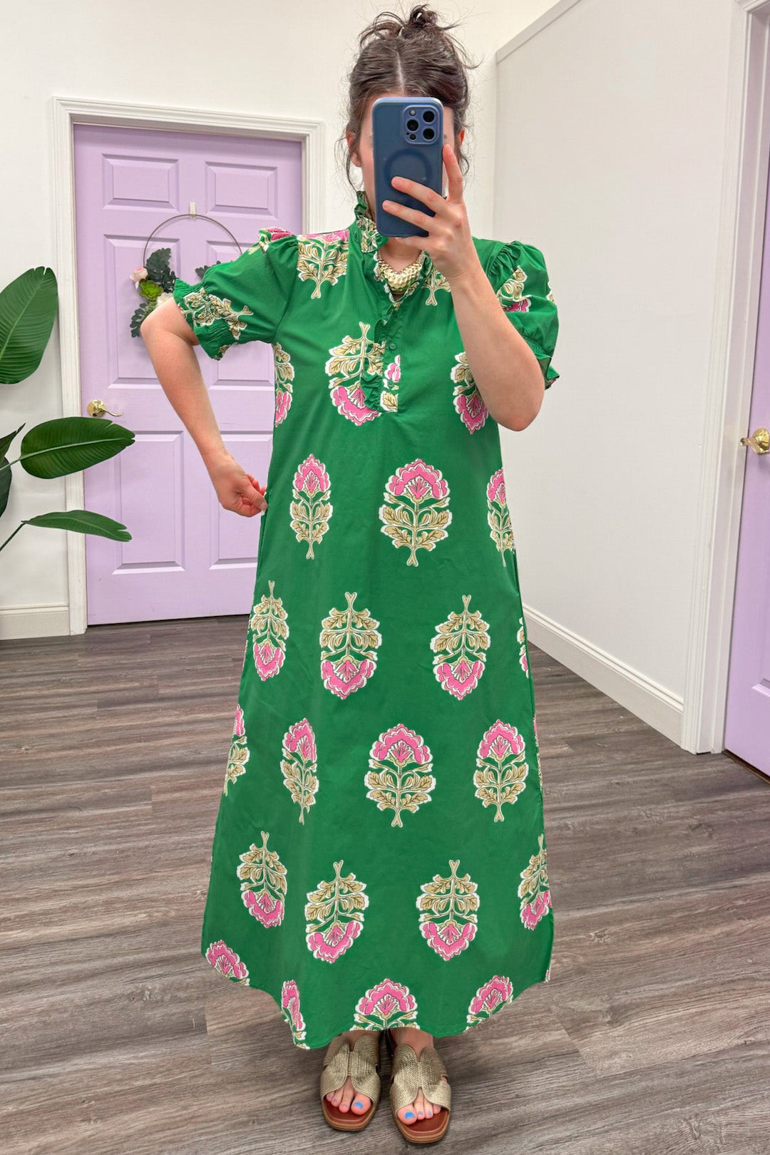 green olive and pink large floral print relaxed silhouette poplin midi dress
