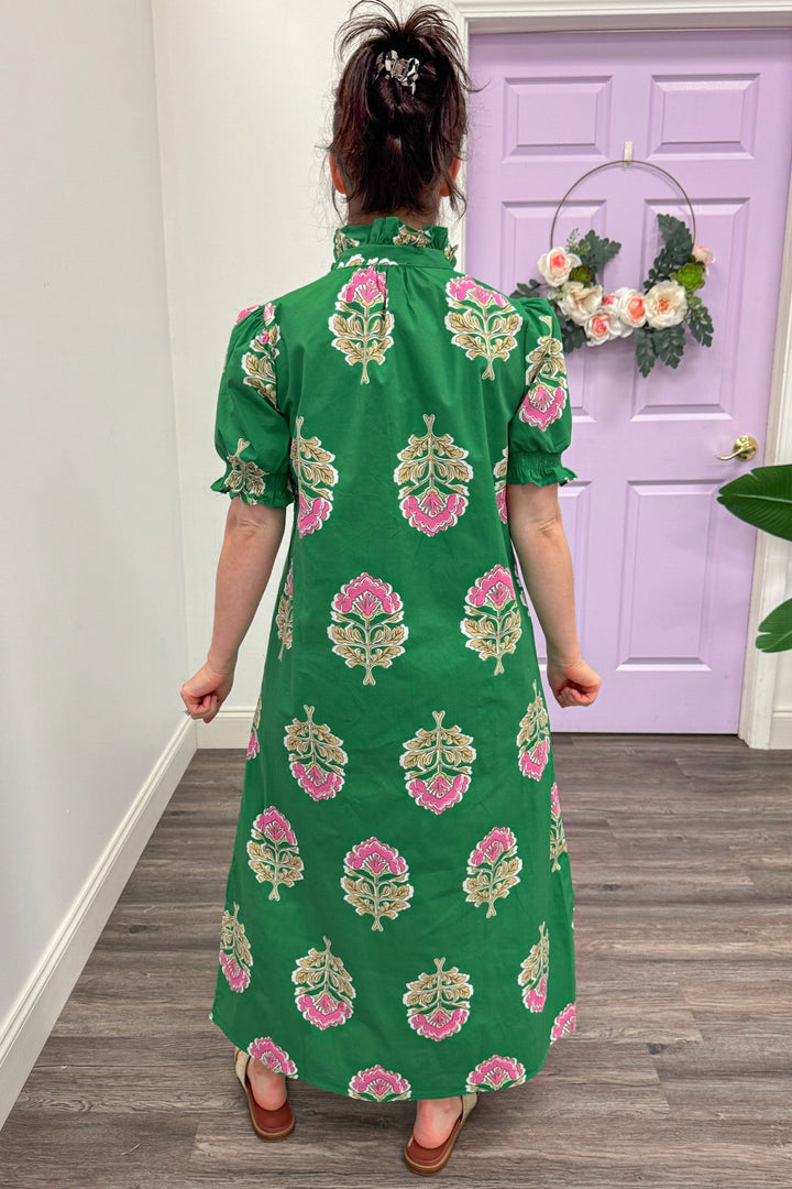 green and pink floral print midi dress with ruffle trim short puff sleeves