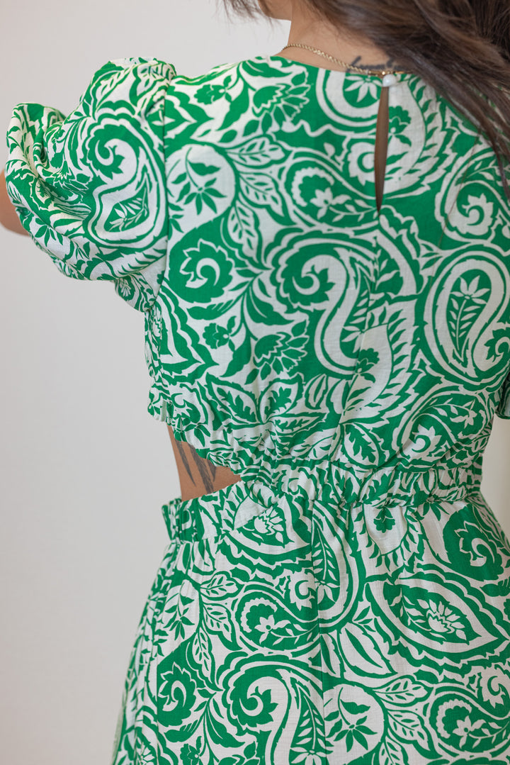 green tropical printed side cut out midi dress