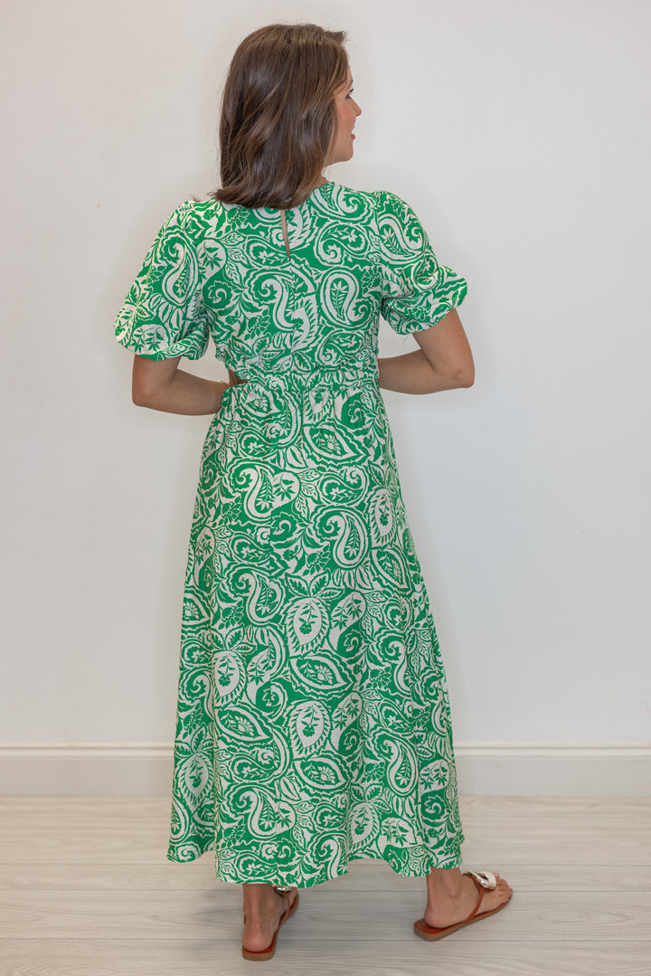 green tropical printed side cut out midi dress