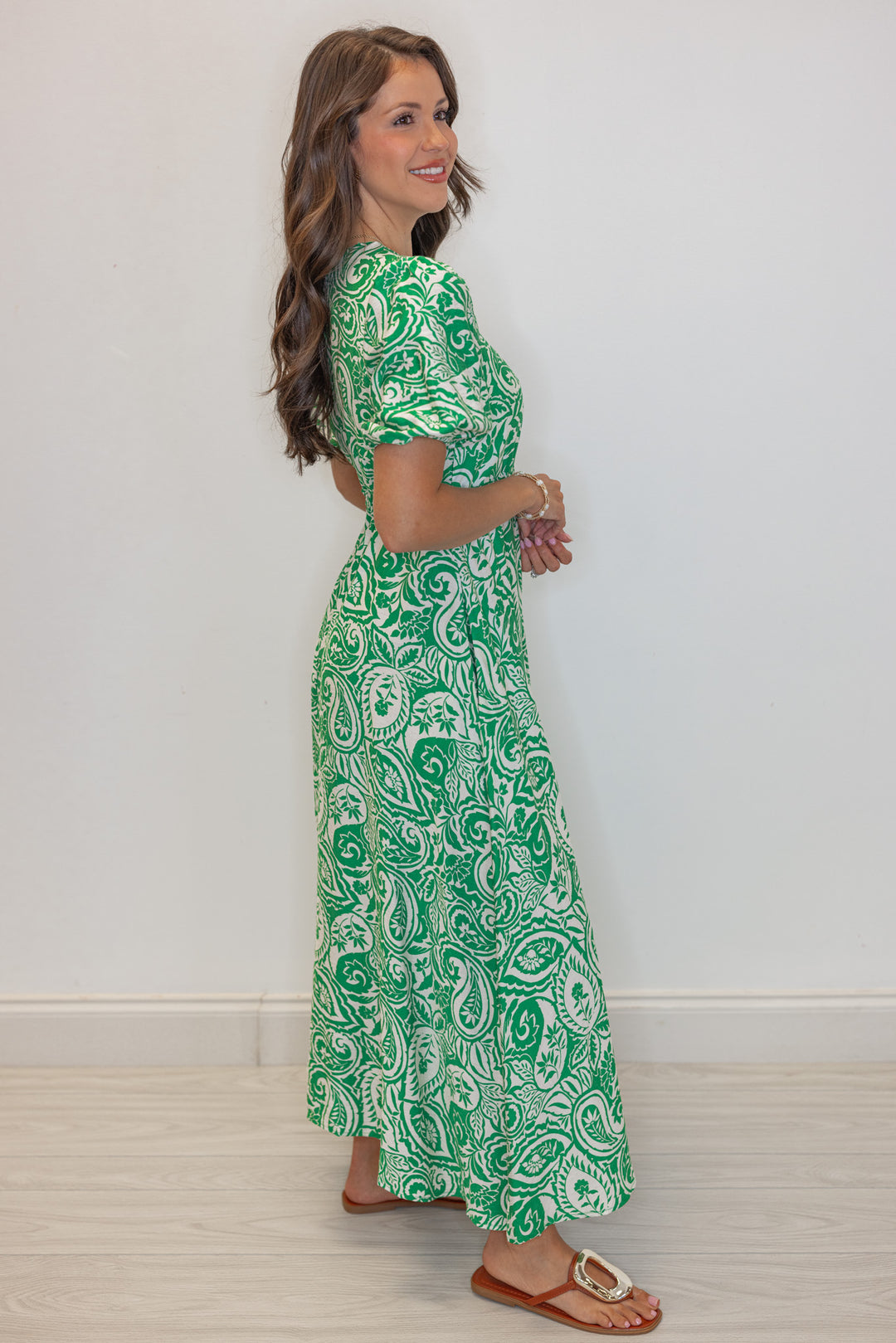 green tropical printed side cut out midi dress