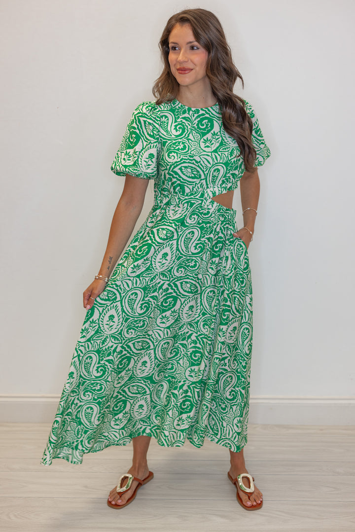 green tropical printed side cut out midi dress