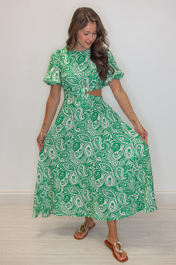 green tropical printed side cut out midi dress