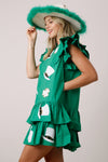 Fantastic Fawn Green St. Patrick's Day sequin patch dress with ruffled layers