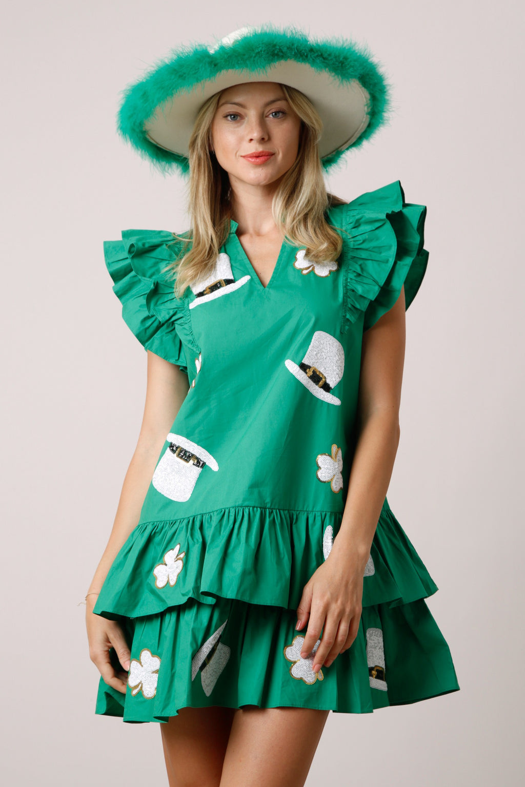 Fantastic Fawn Green St. Patrick's Day sequin patch dress with ruffled layers