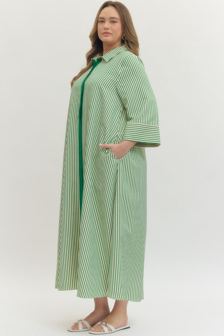 Women's striped green maxi dress by Entro in plus size showing slight side view