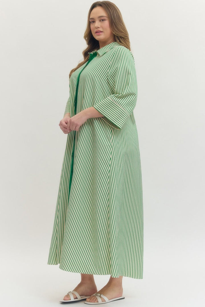 Women's striped green maxi dress by Entro in plus size showing full side view
