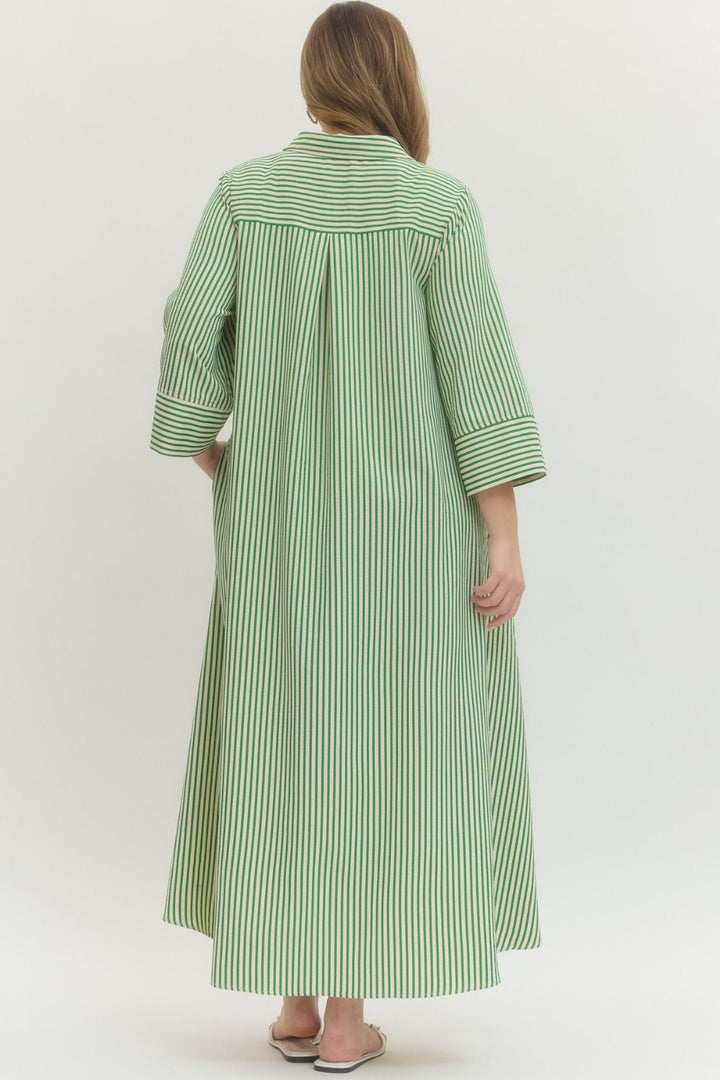 Women's striped green maxi dress by Entro in plus size showing back view