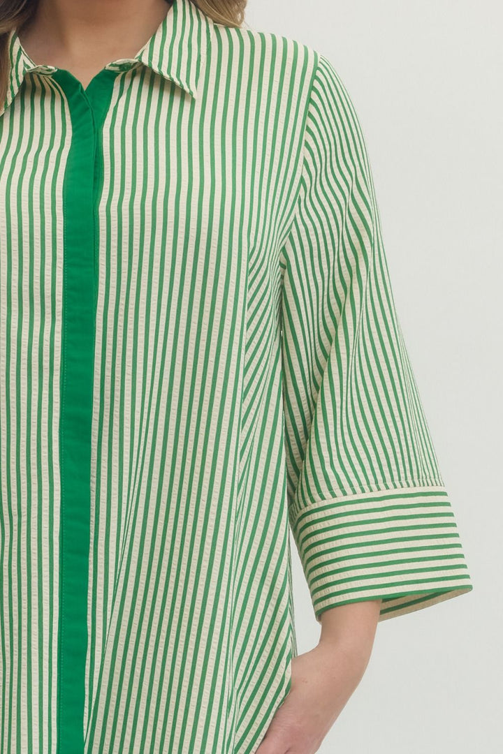 Women's striped green maxi dress by Entro in plus size showing close up front view
