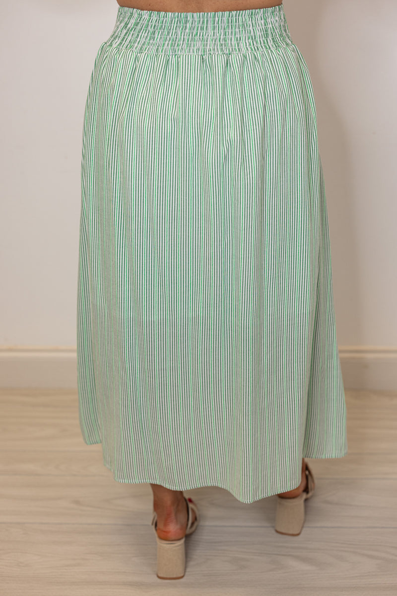green stripe linen midi skirt top set