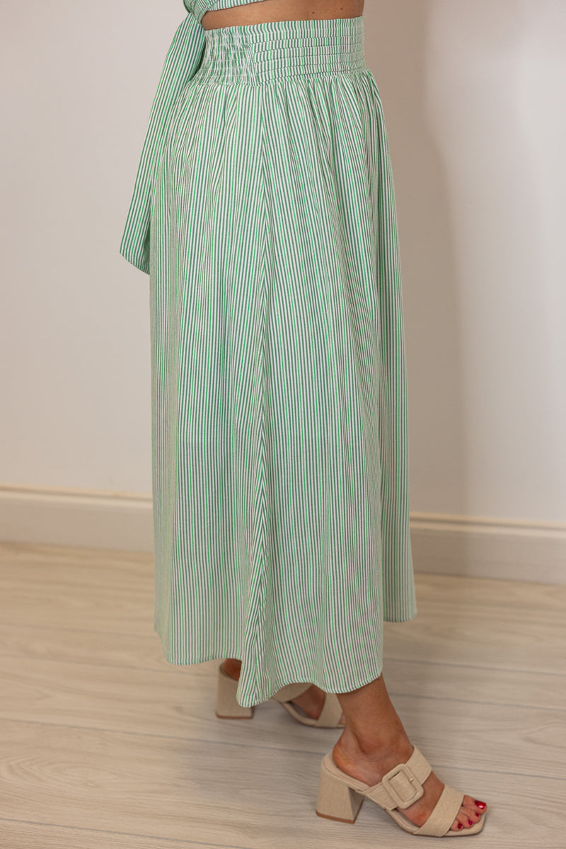 green stripe linen midi skirt top set