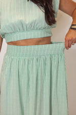 green stripe linen midi skirt top set
