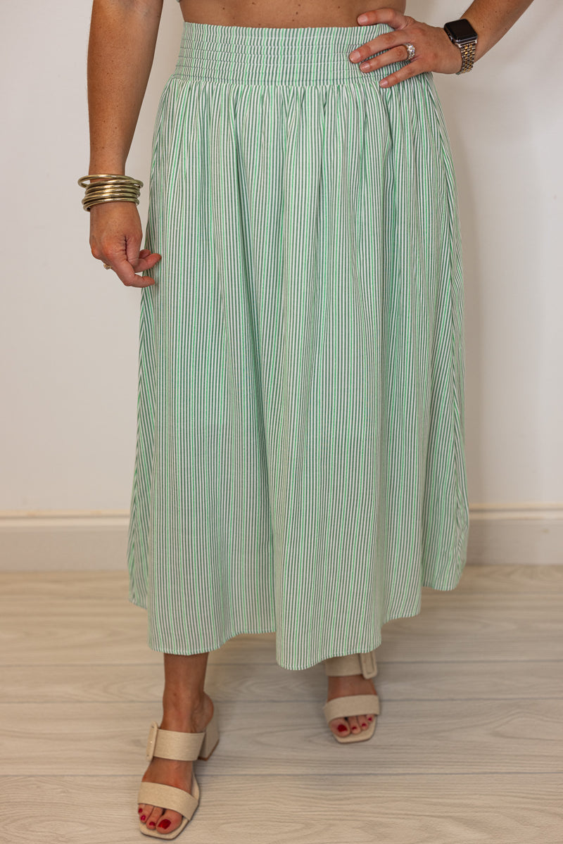 green stripe linen midi skirt top set