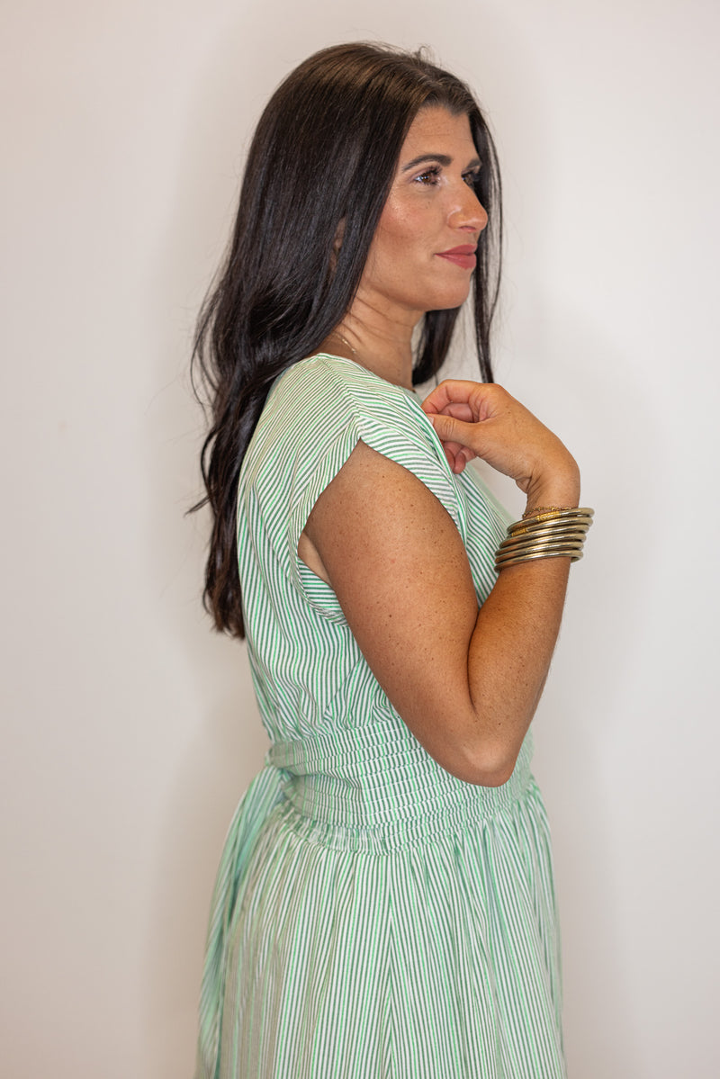 green stripe linen midi skirt top set