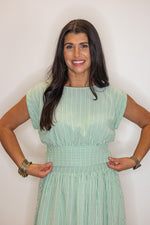 green stripe linen midi skirt top set