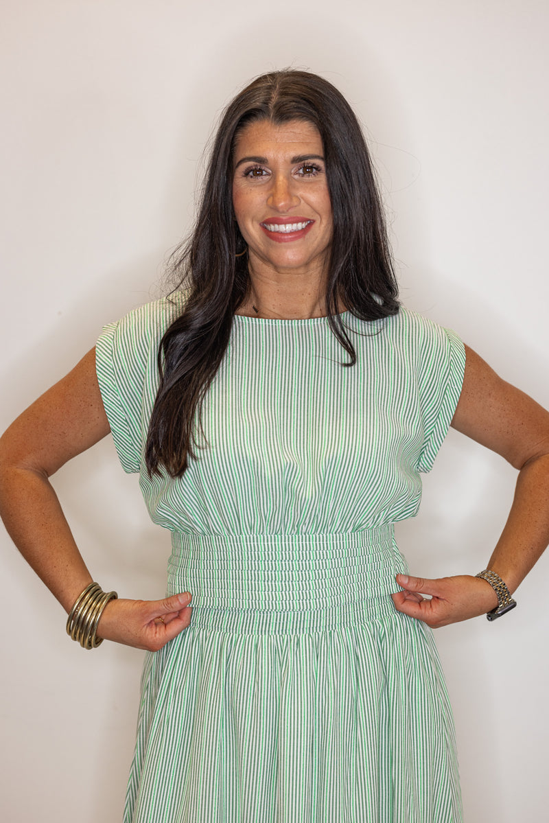 green stripe linen midi skirt top set