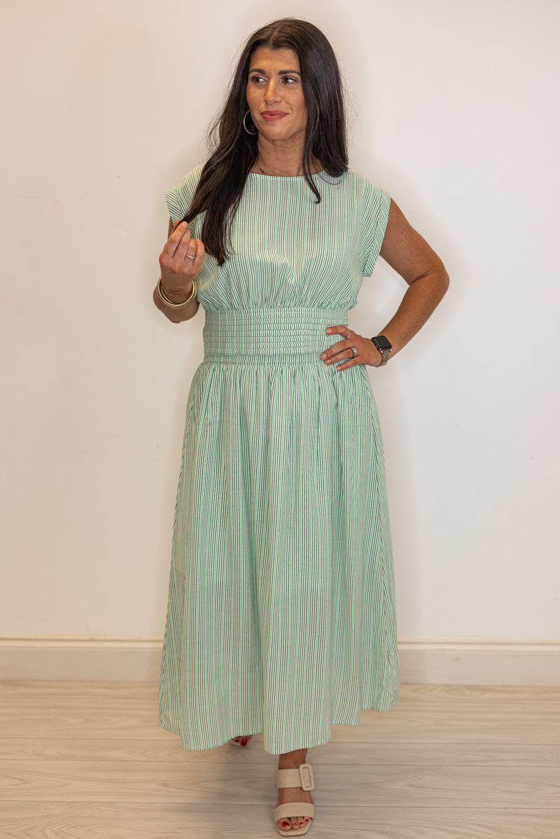 green stripe linen midi skirt top set