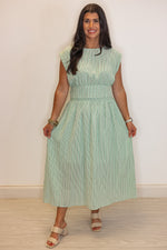green stripe linen midi skirt top set